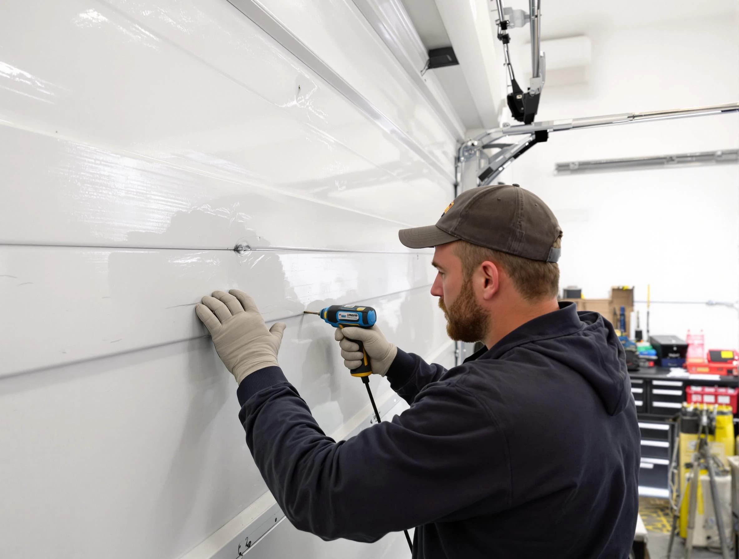 Malden Garage Door Repair technician demonstrating precision dent removal techniques on a Malden garage door